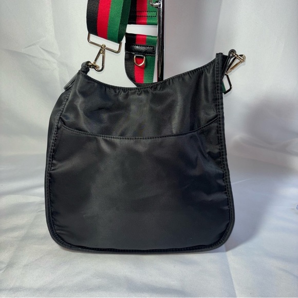 AH-DORNED New York Black Crossbody Bag w/Red, Green, Black Striped Strap - Picture 4 of 6